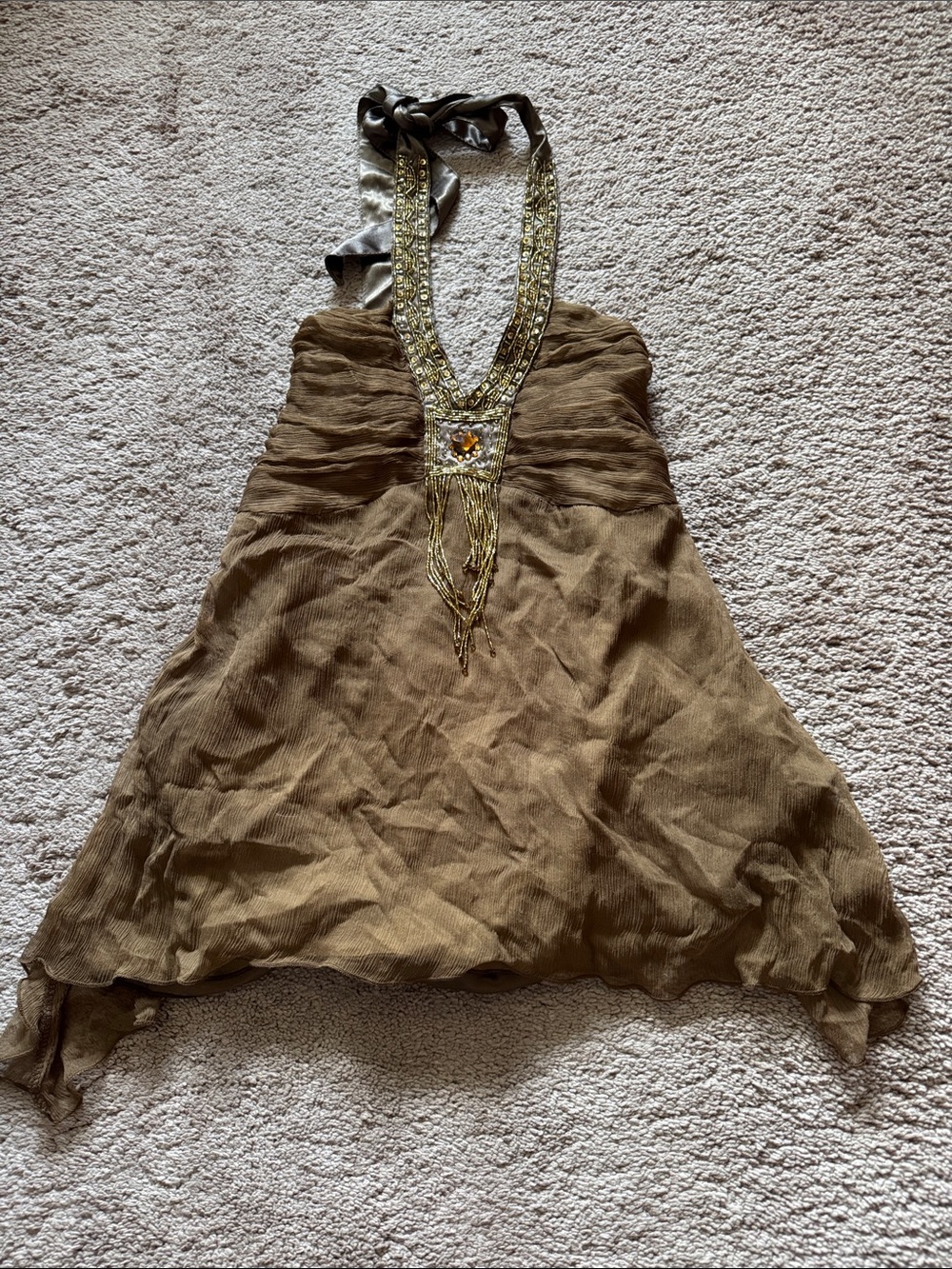 Sugarlips Brown 100% Silk Halter Beaded V-Neck Top. Large. NWT